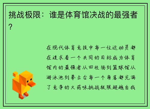 挑战极限：谁是体育馆决战的最强者？